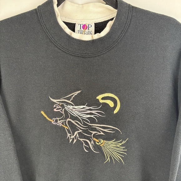 Vintage Top Threads Embroidered Witch Halloween Sweater Pullover Thick Medium - Picture 2 of 5